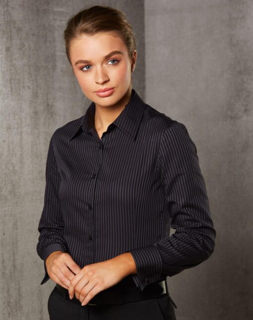 Women's Dobby Stripe Long Sleeve Shirt(Black/Charcoal