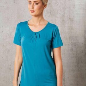 Ladies' Round Neck with Pleats S/S Knit Top