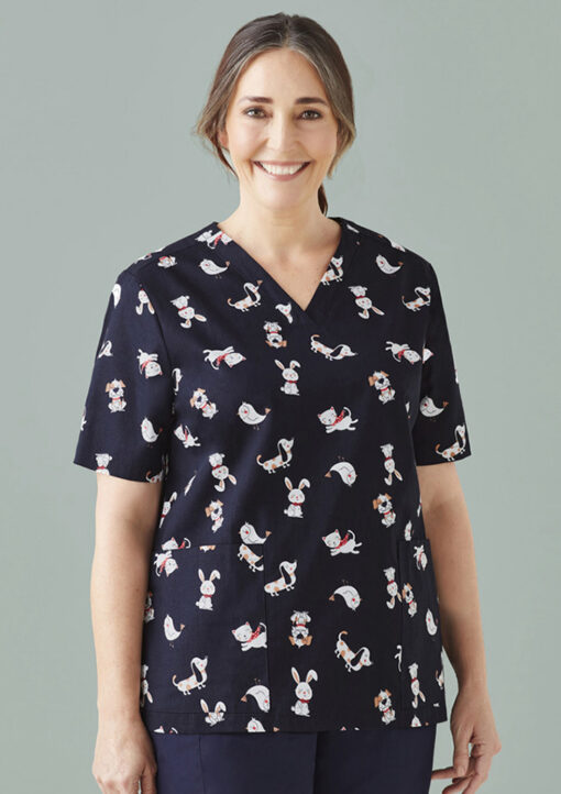 Womens Printed Best Friends Scrub Top(Midnight Navy