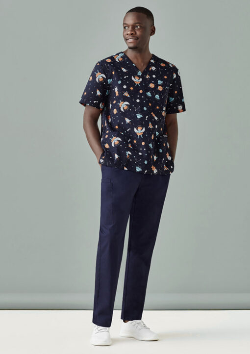 Mens Printed Space Party Scrub Top(Midnight Navy